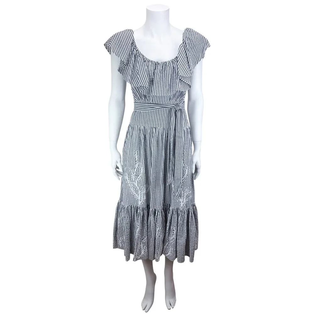 Tory Burch Women's Eyelet Striped Seersucker Midi Dress Blue White Size 2